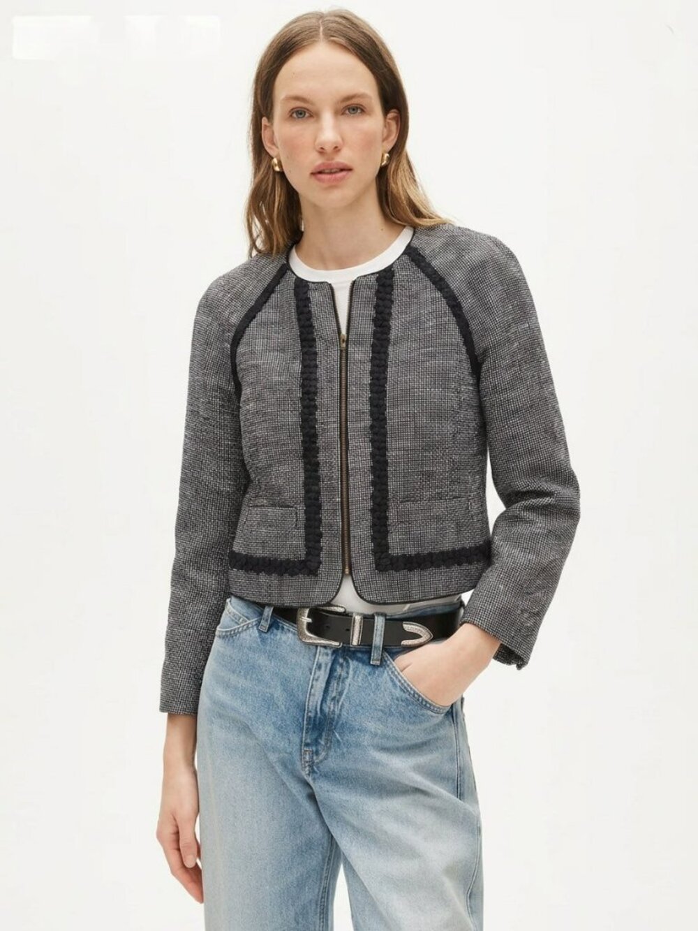 J. Crew Collarless Cropped Cotton NavyTweed Jacket Size 2
